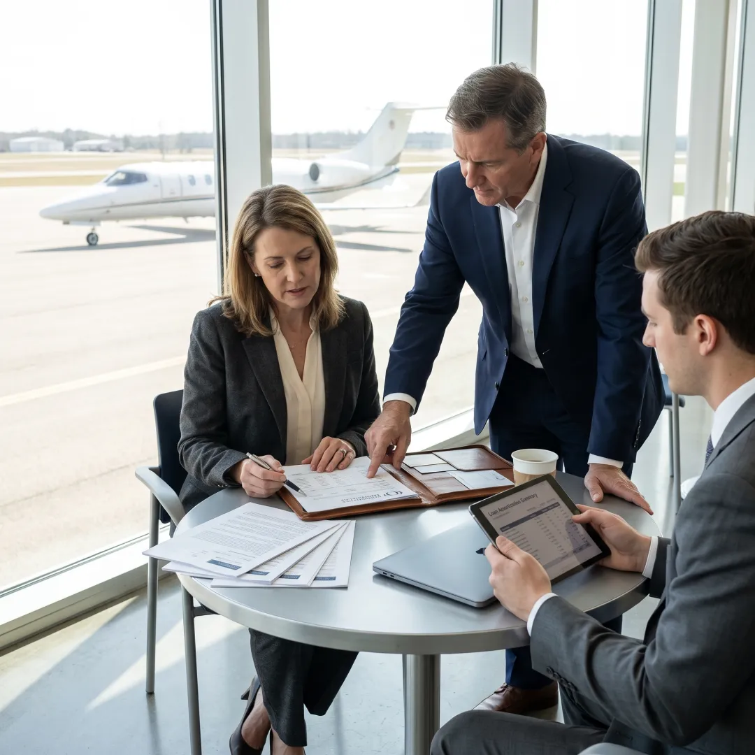 Executives reviewing aircraft financing documents