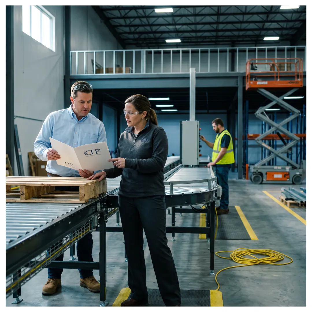 Warehouse team reviewing automated conveyor equipment