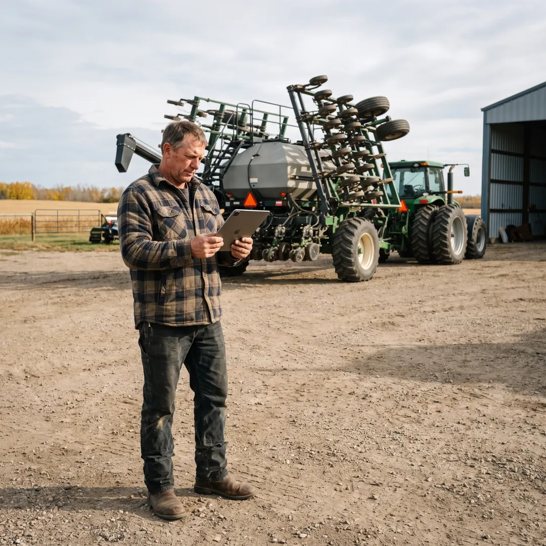 Farmer reviewing air seeder equipment