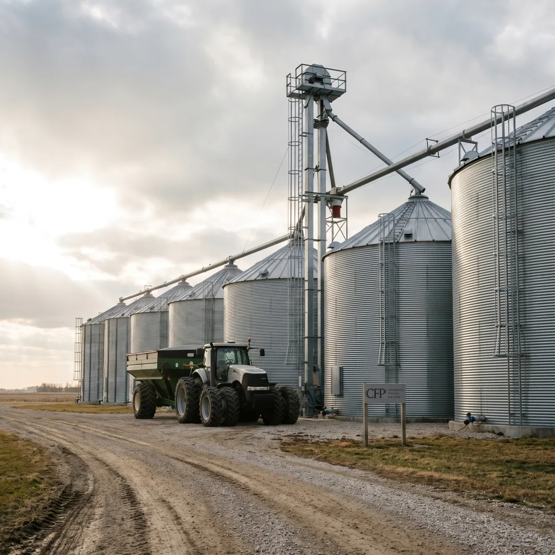 Modern grain bins on a working farm