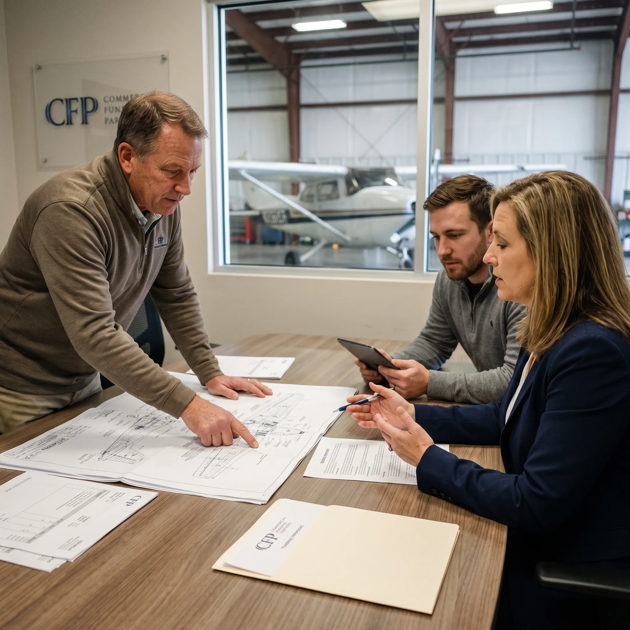 Aviation finance professionals reviewing an aircraft project