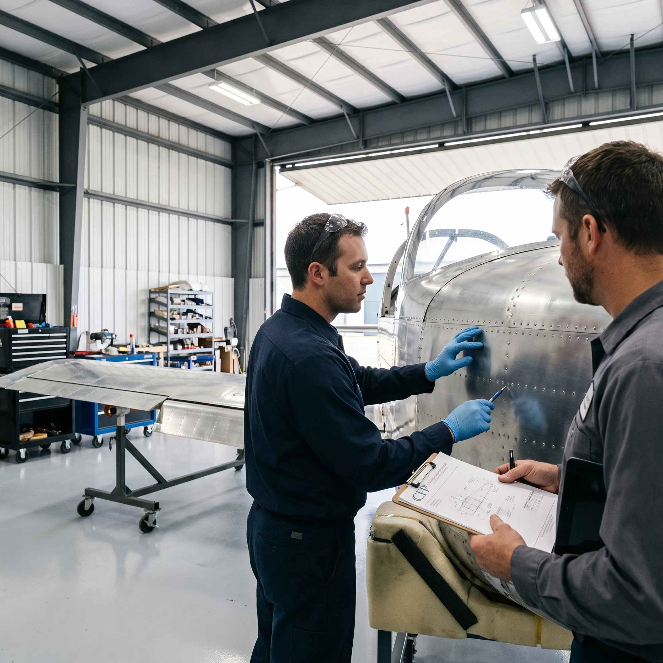 Experimental kit aircraft under construction in a hangar