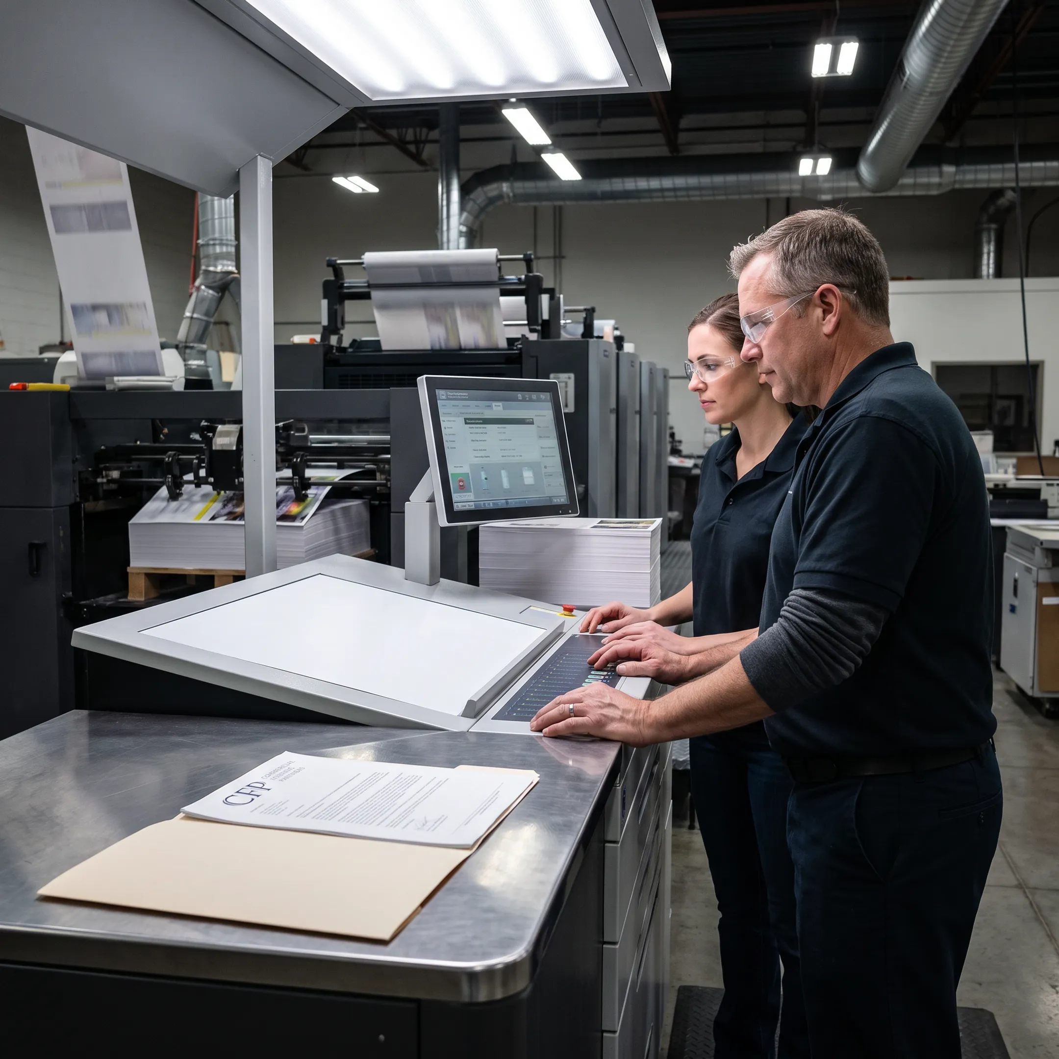 Commercial printing press in a production facility