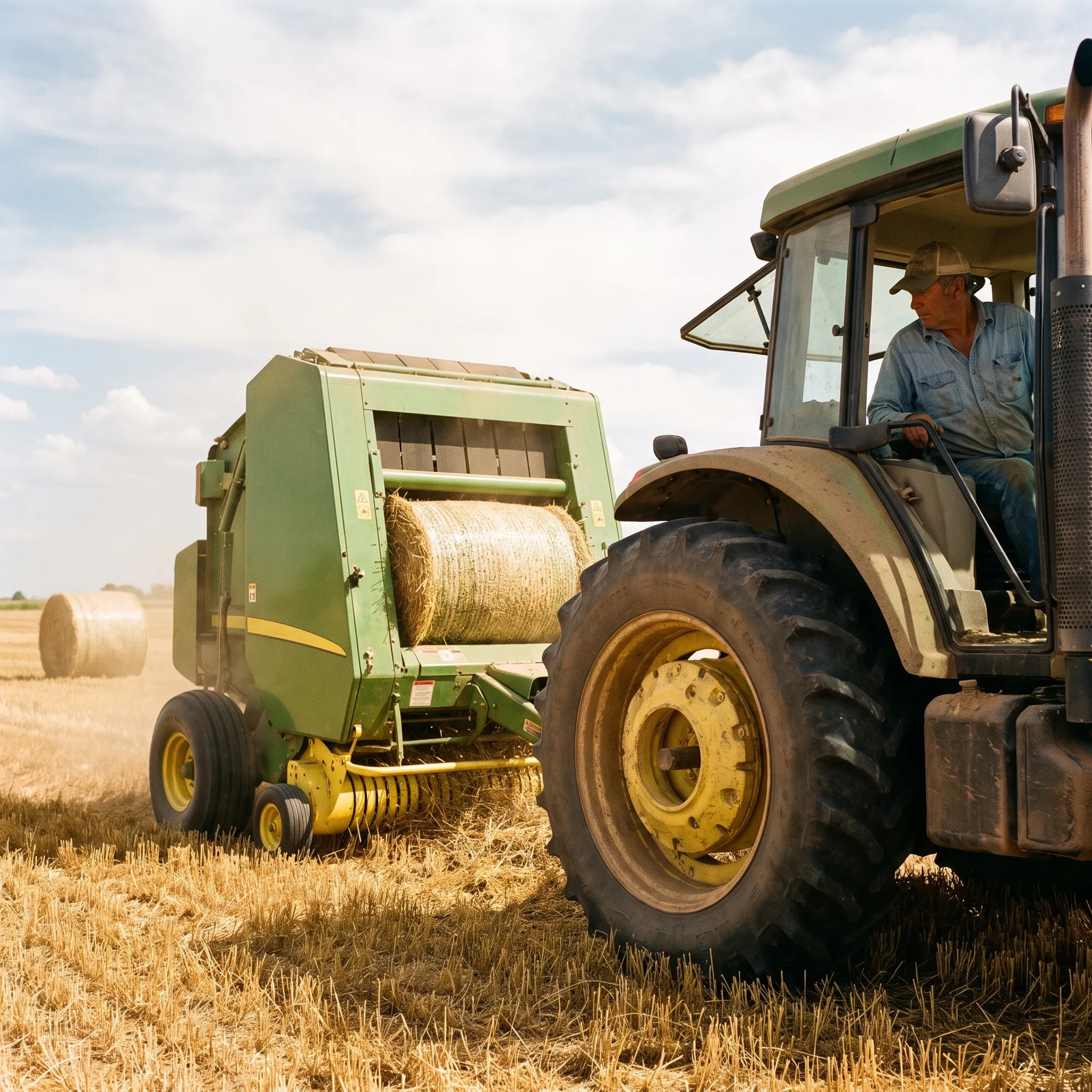 Hay baler working in a harvested field
