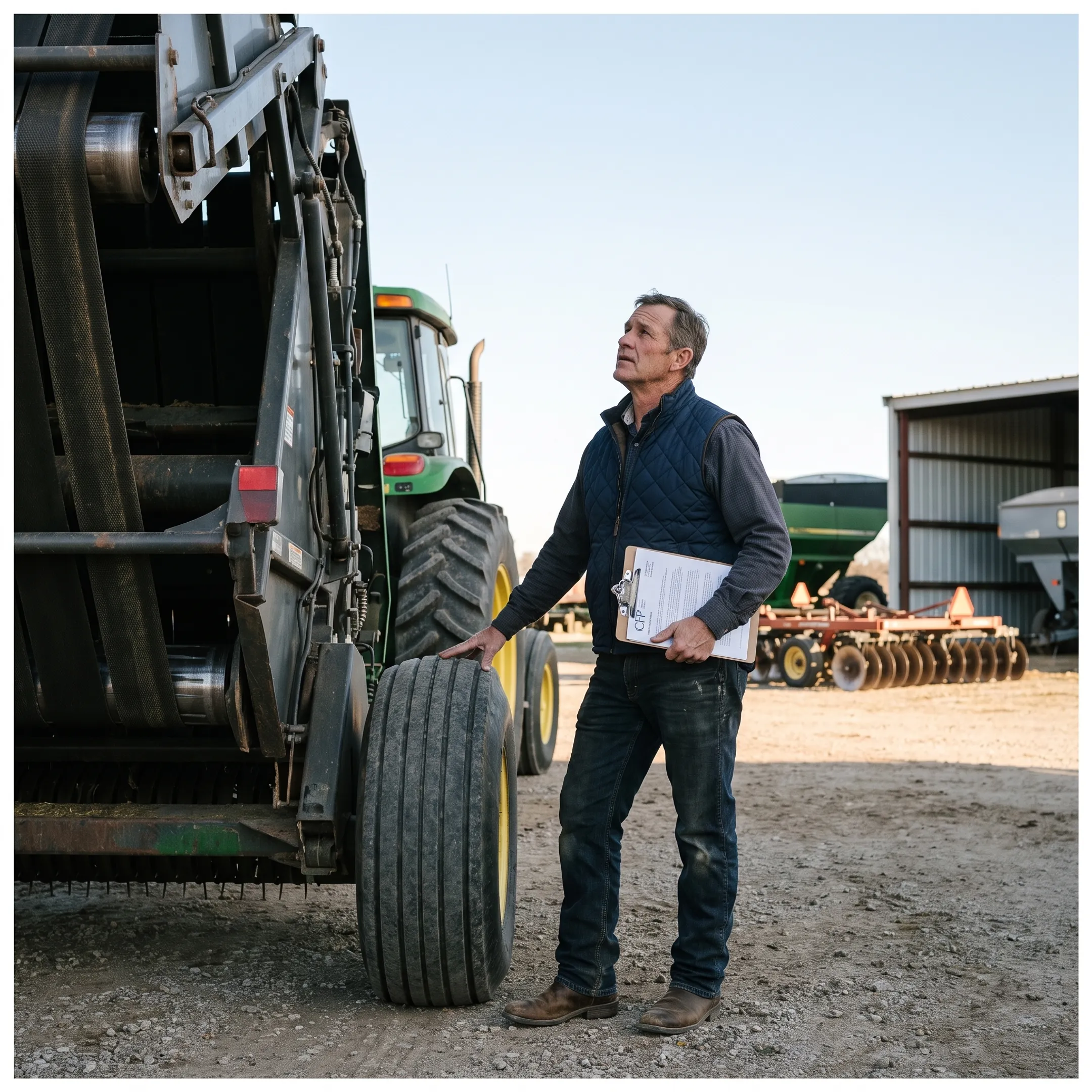 Farmer inspecting a hay baler
