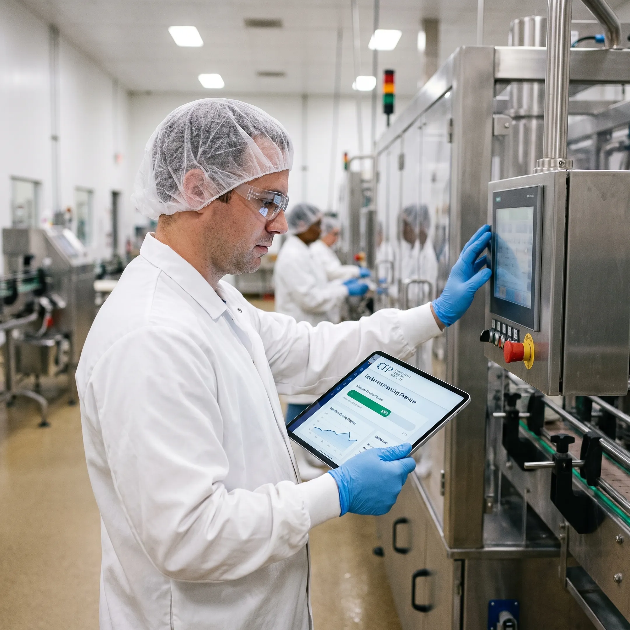 Technician reviewing food processing machinery