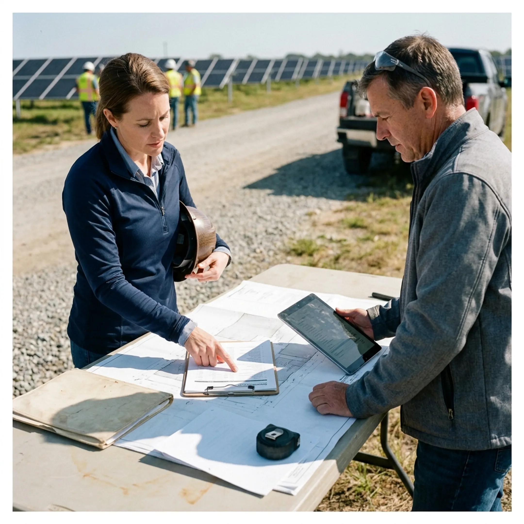 Solar project team reviewing financing plans