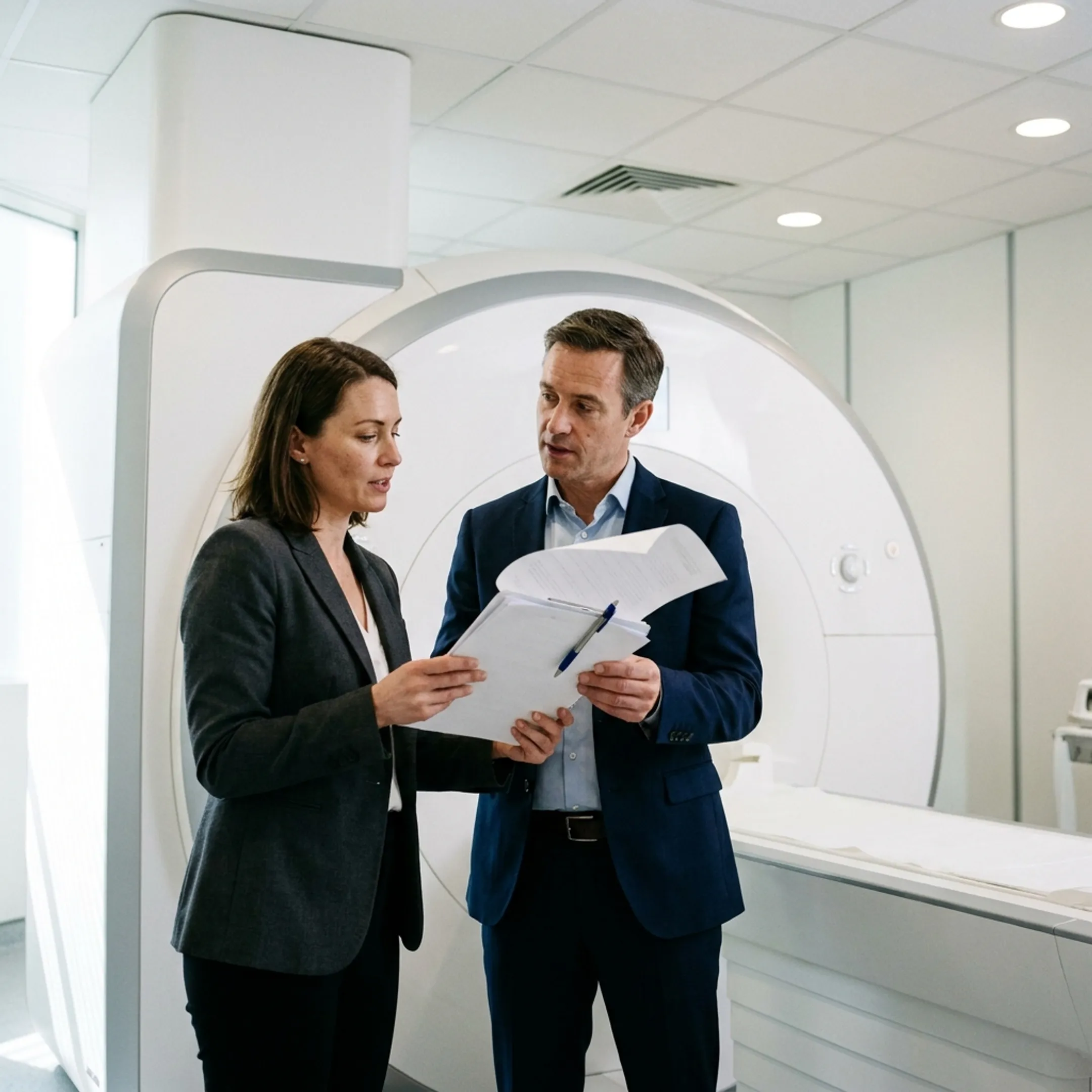 Healthcare administrator reviewing medical equipment financing