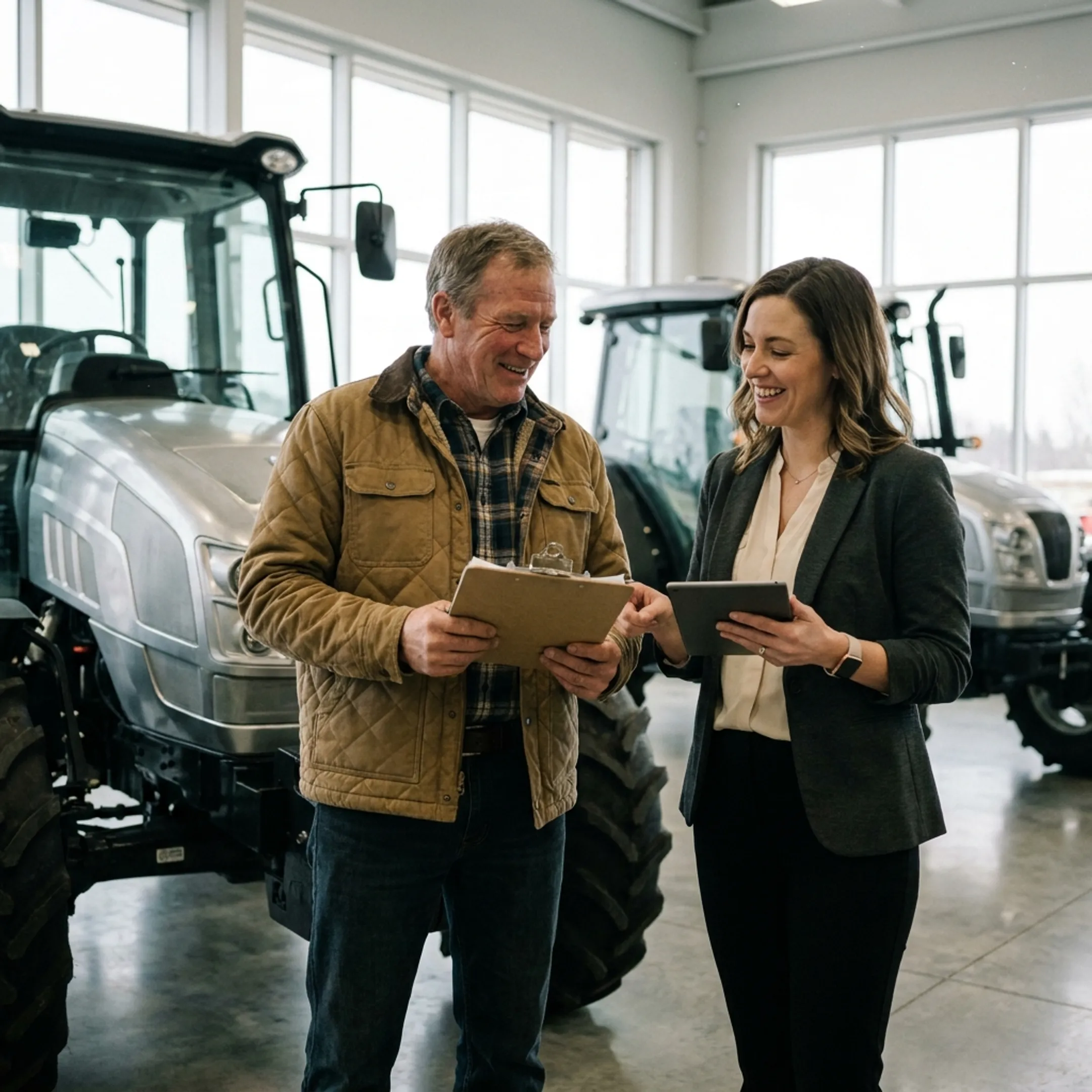 Farmer reviewing equipment financing documents