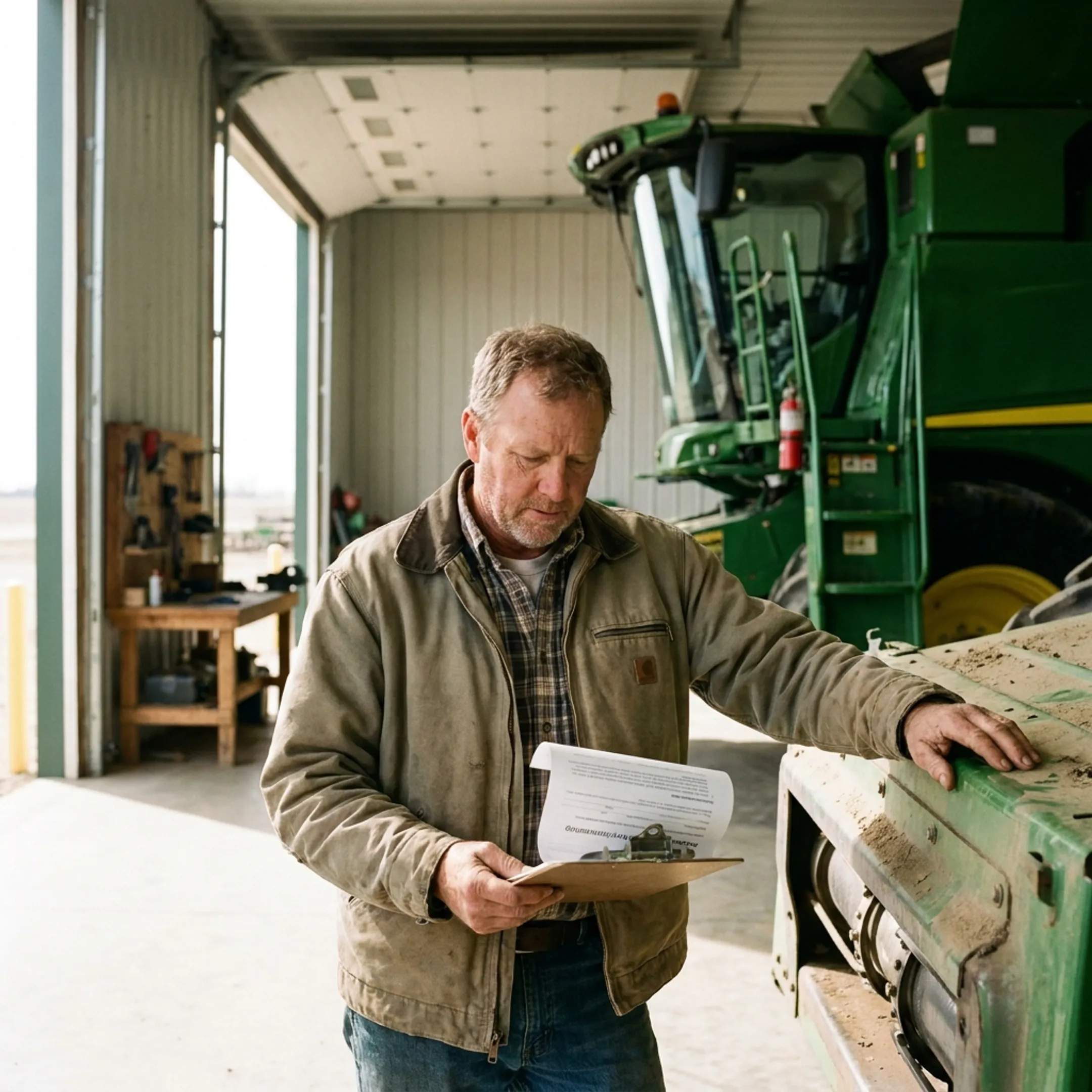 Farm manager reviewing equipment financing documents