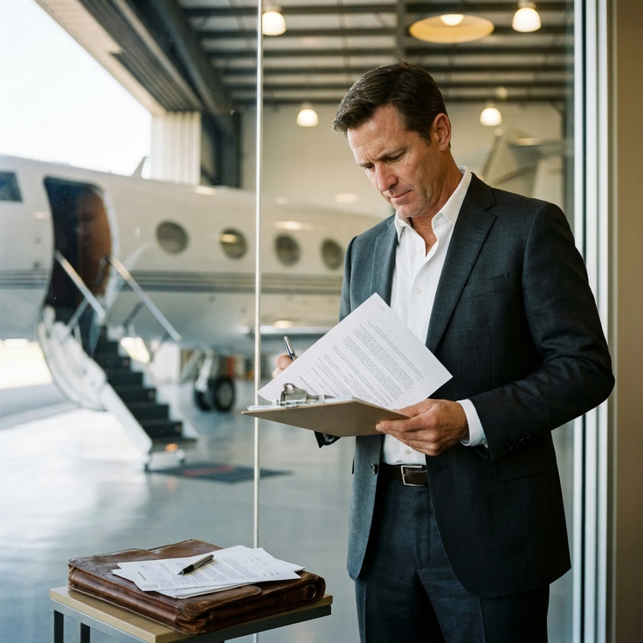 Executive reviewing aircraft lease documents