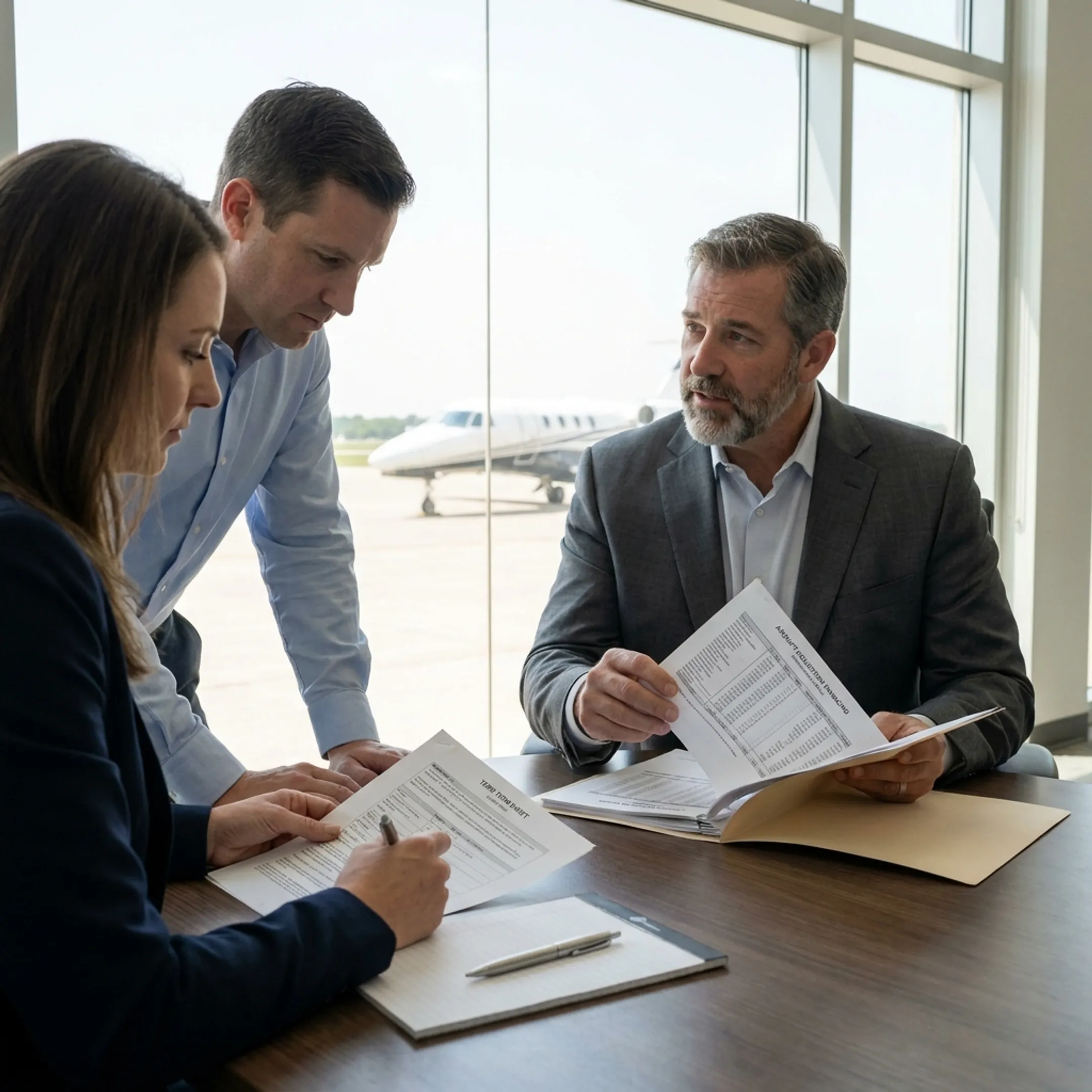 Executives reviewing aircraft financing documents