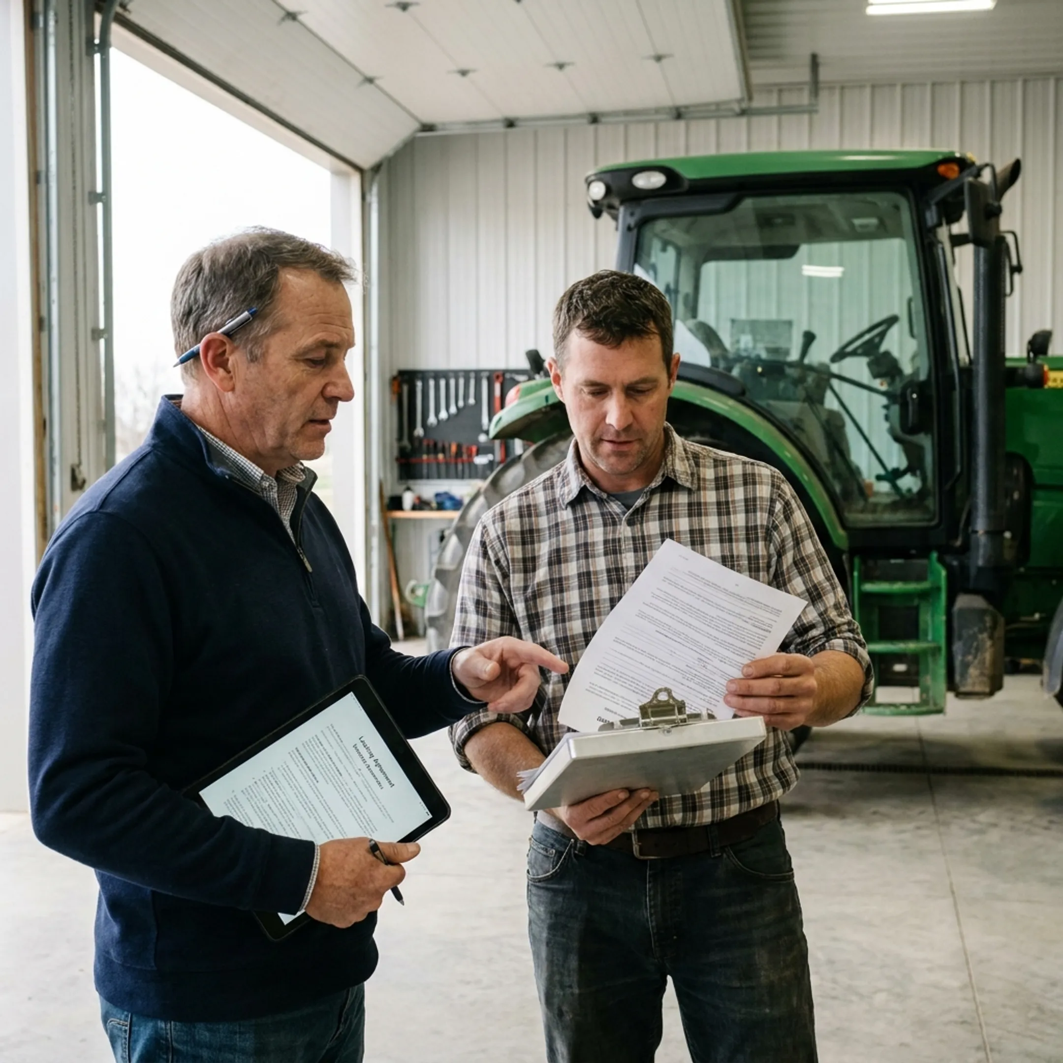 Farmer reviewing equipment lease options beside a tractor