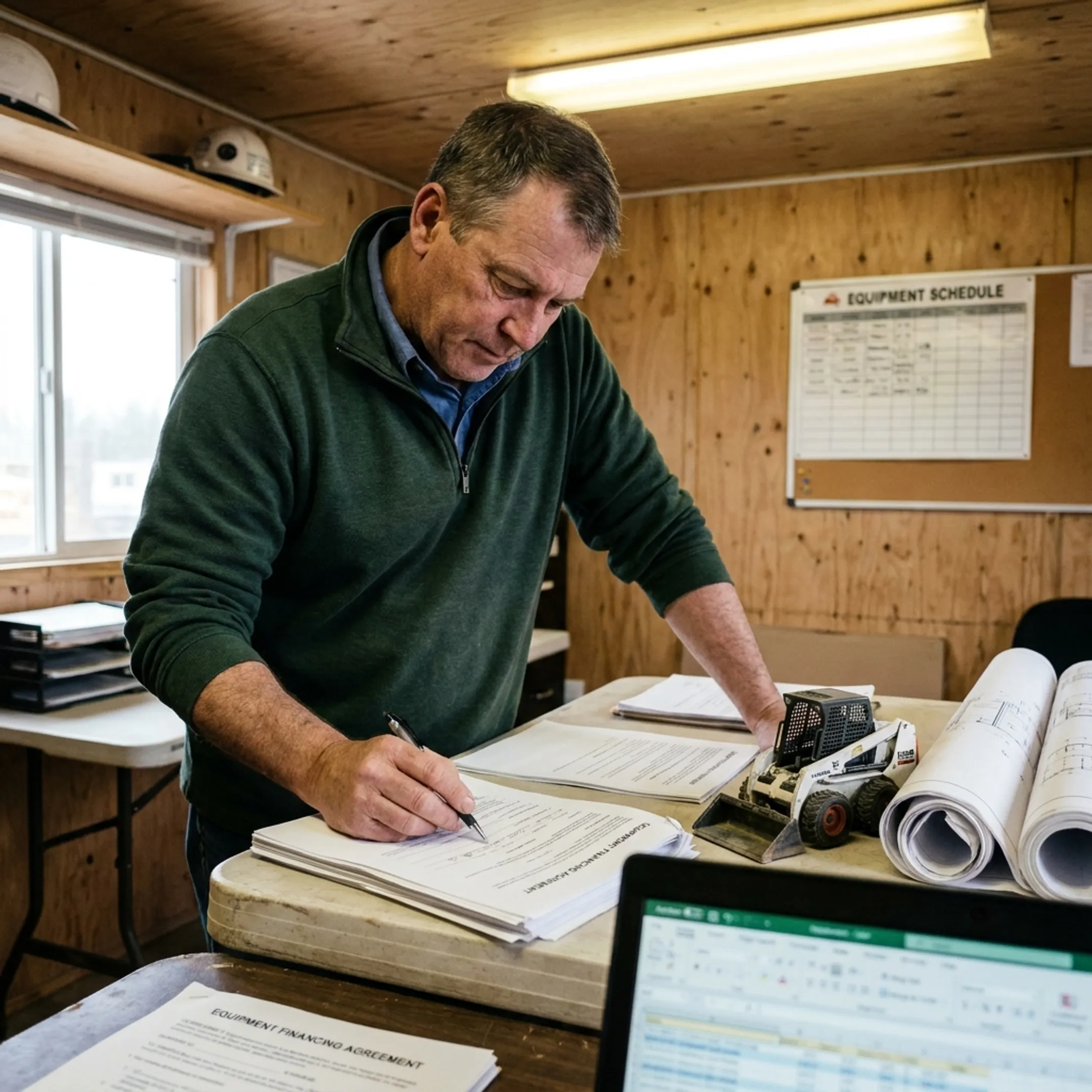 Construction manager reviewing compact equipment financing plans