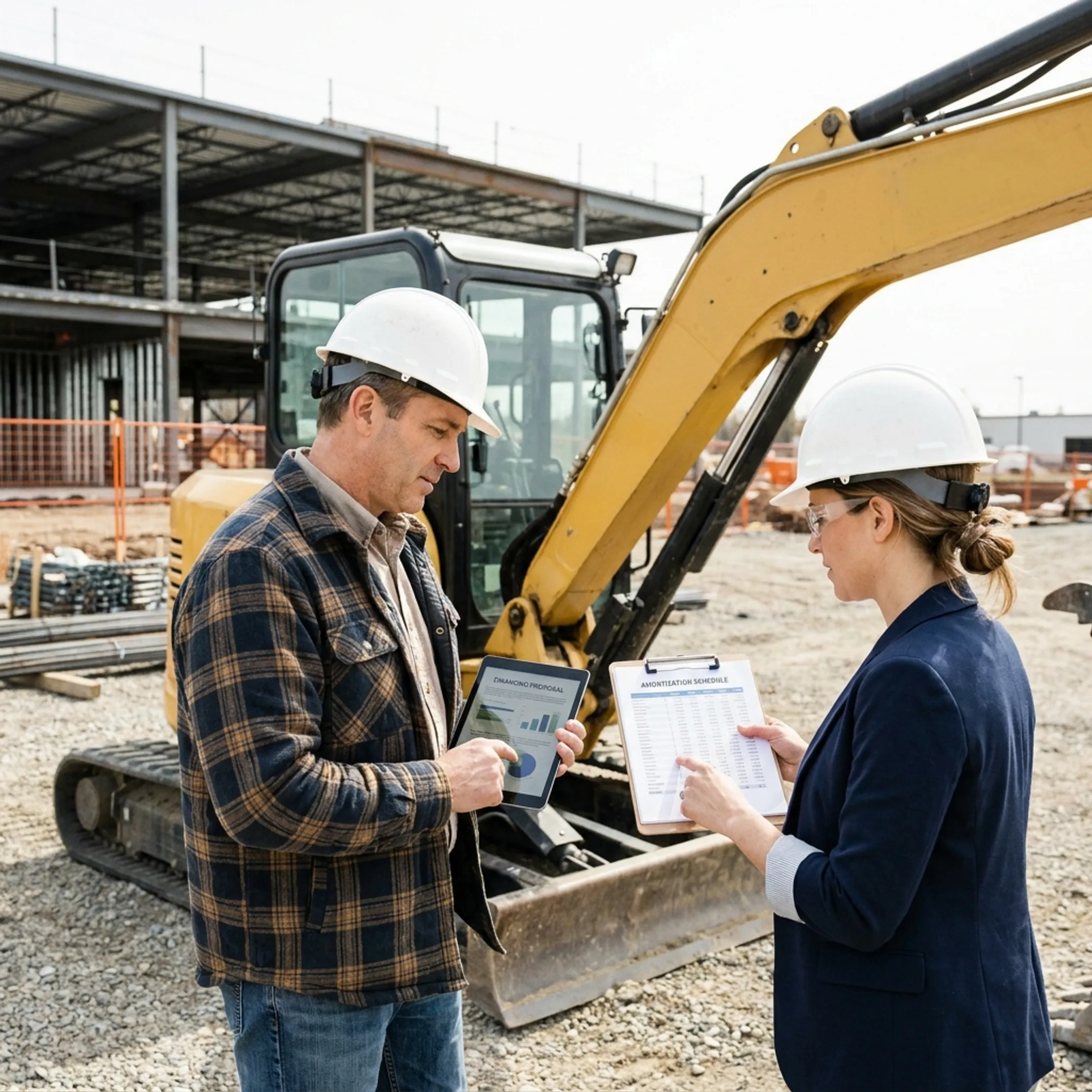 Construction manager reviewing equipment funding documents