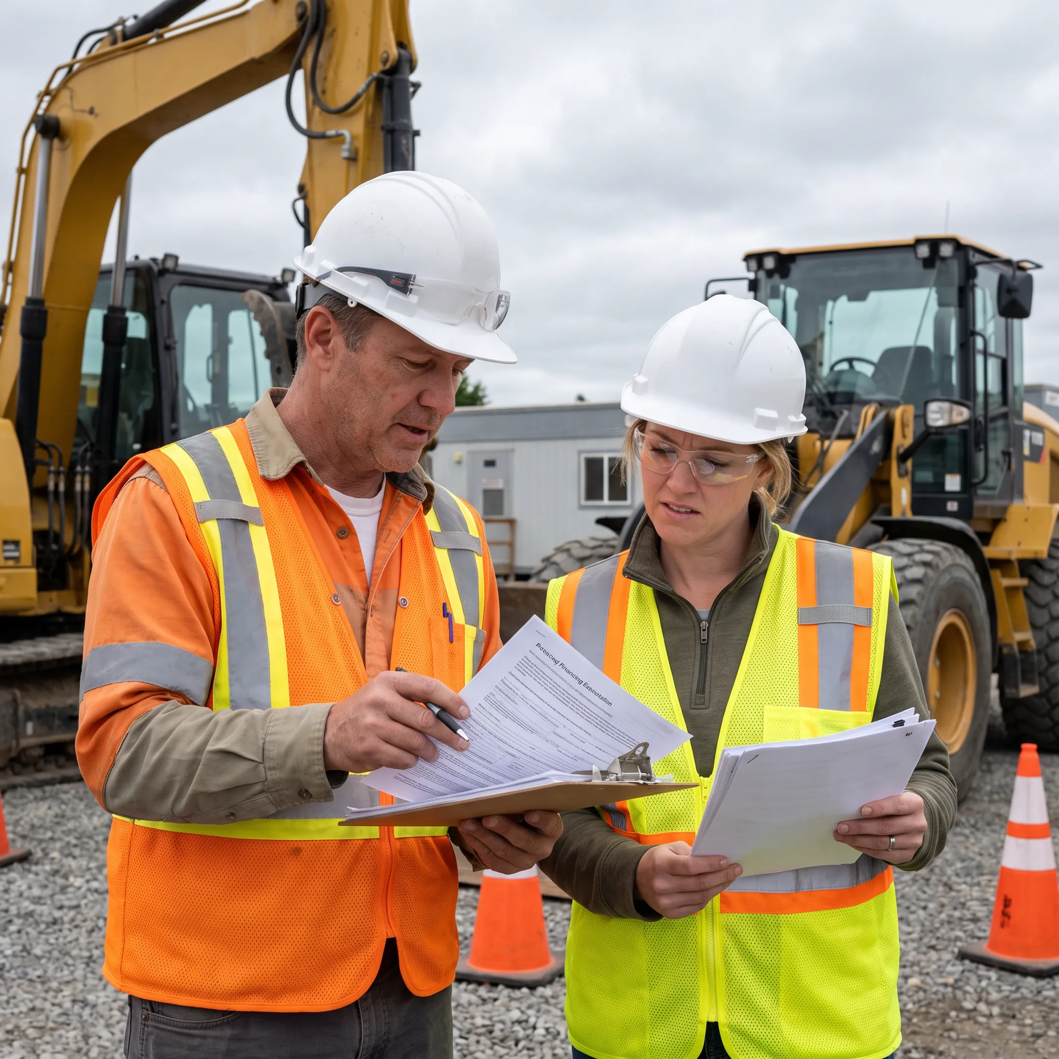 Construction startup team reviewing equipment financing plans