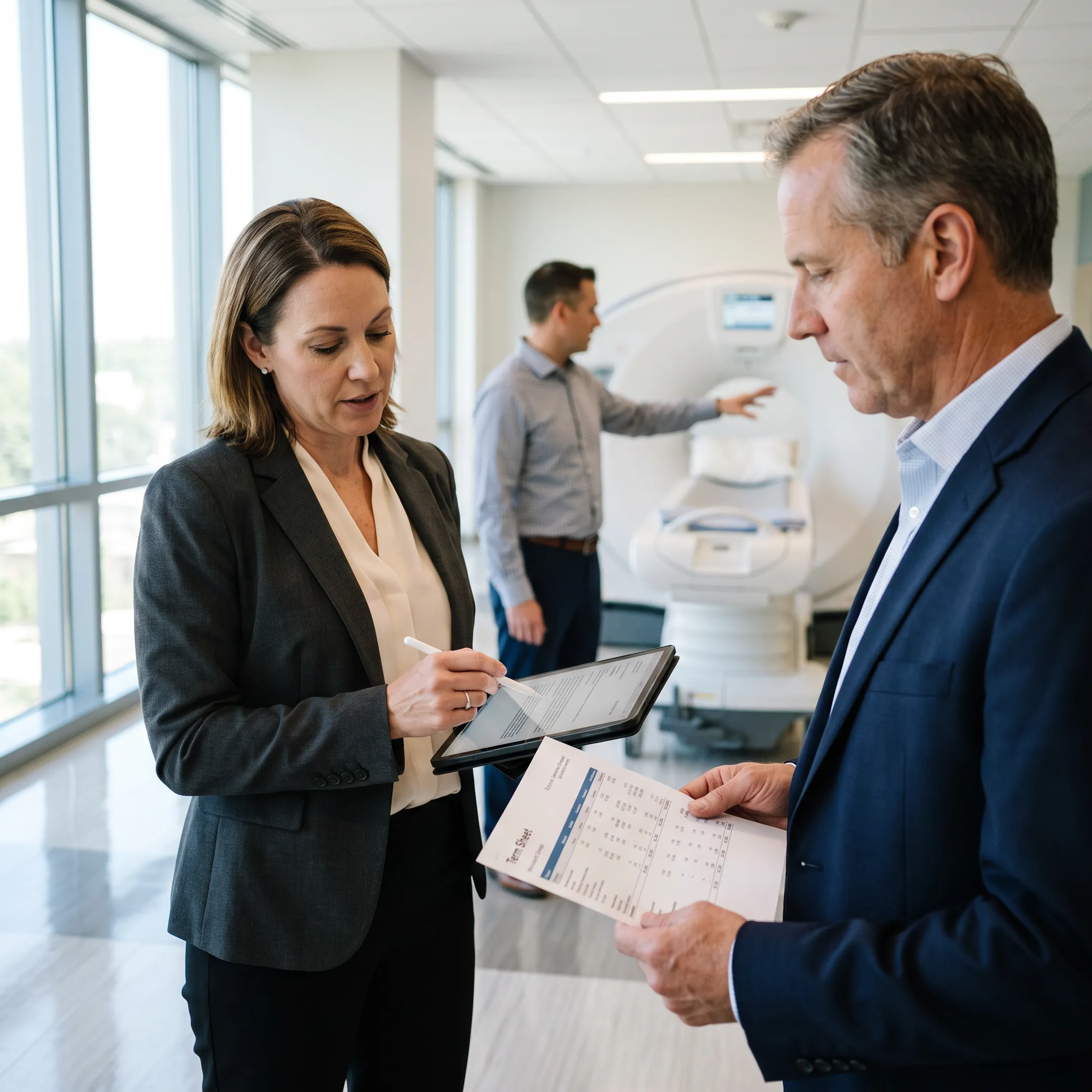 Healthcare professionals reviewing medical equipment financing options