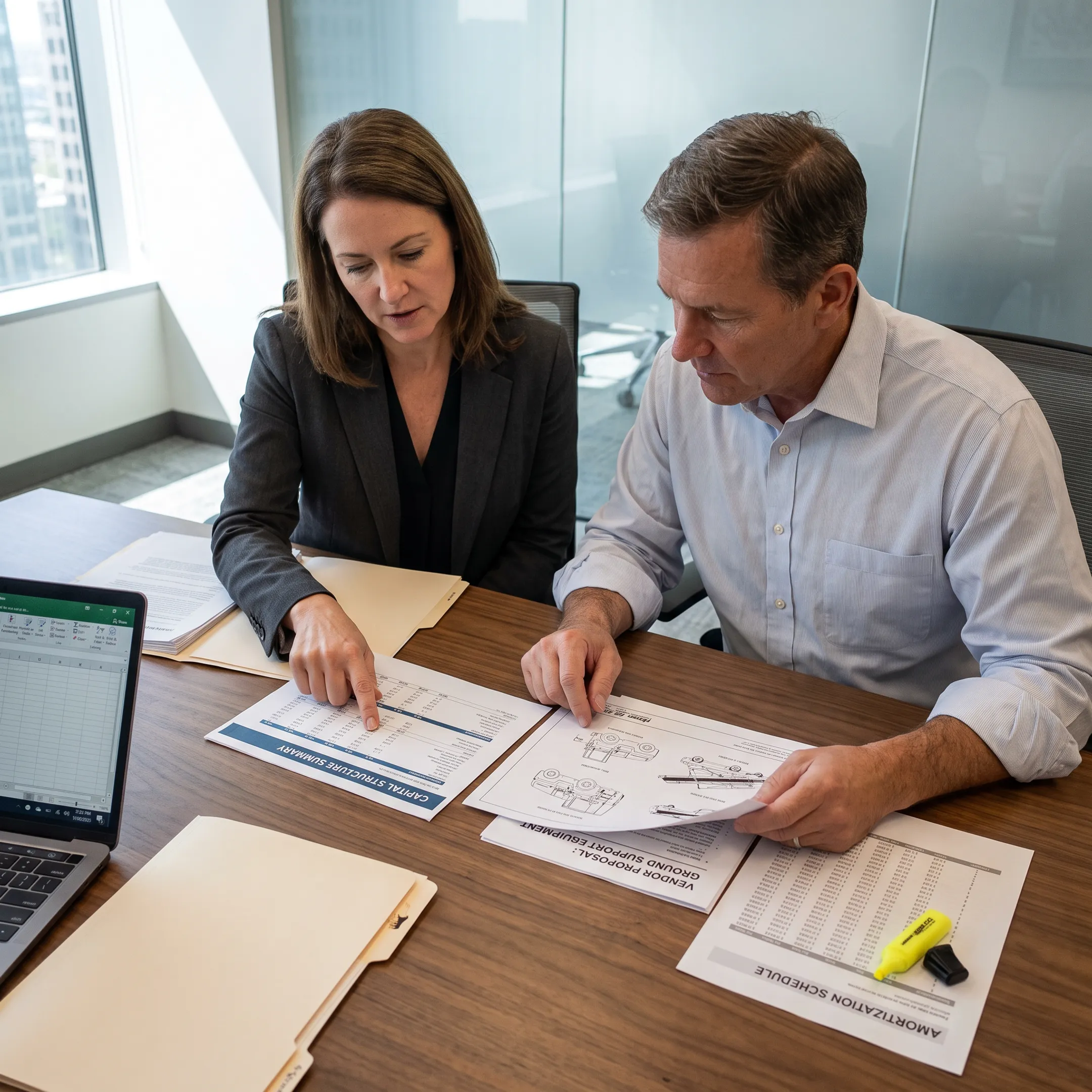 Finance specialists reviewing aviation equipment plans