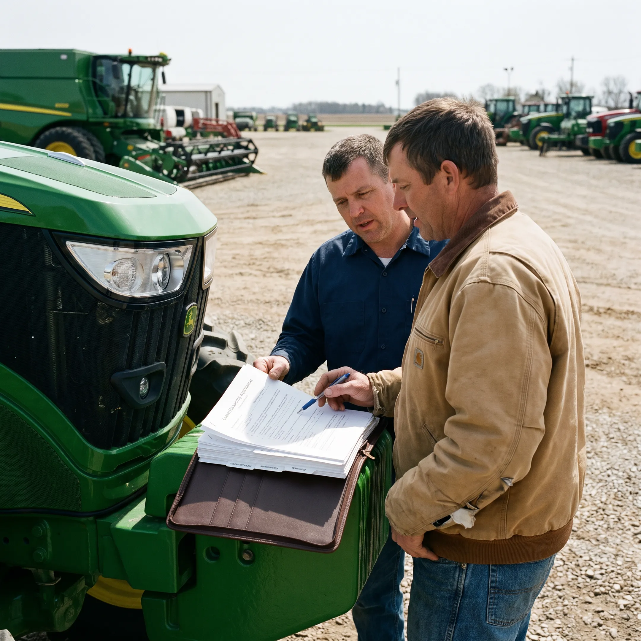 Agricultural equipment dealer discussing financing with a farm customer