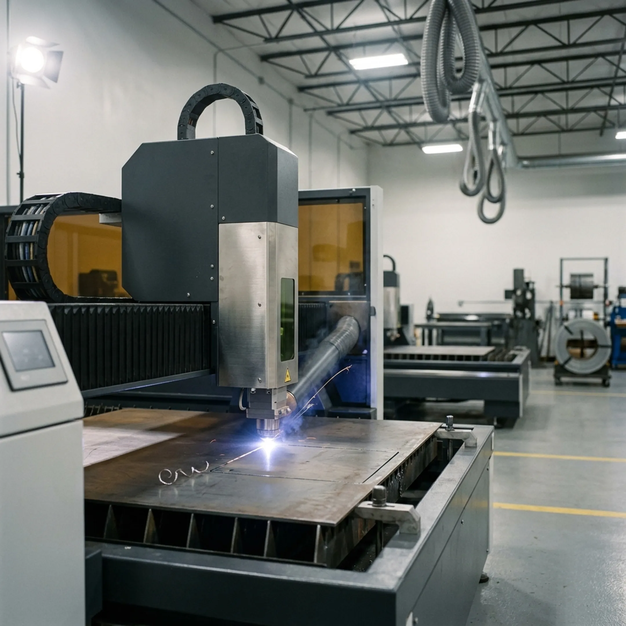 Automated CNC laser cutting table operating in clean industrial manufacturing workshop