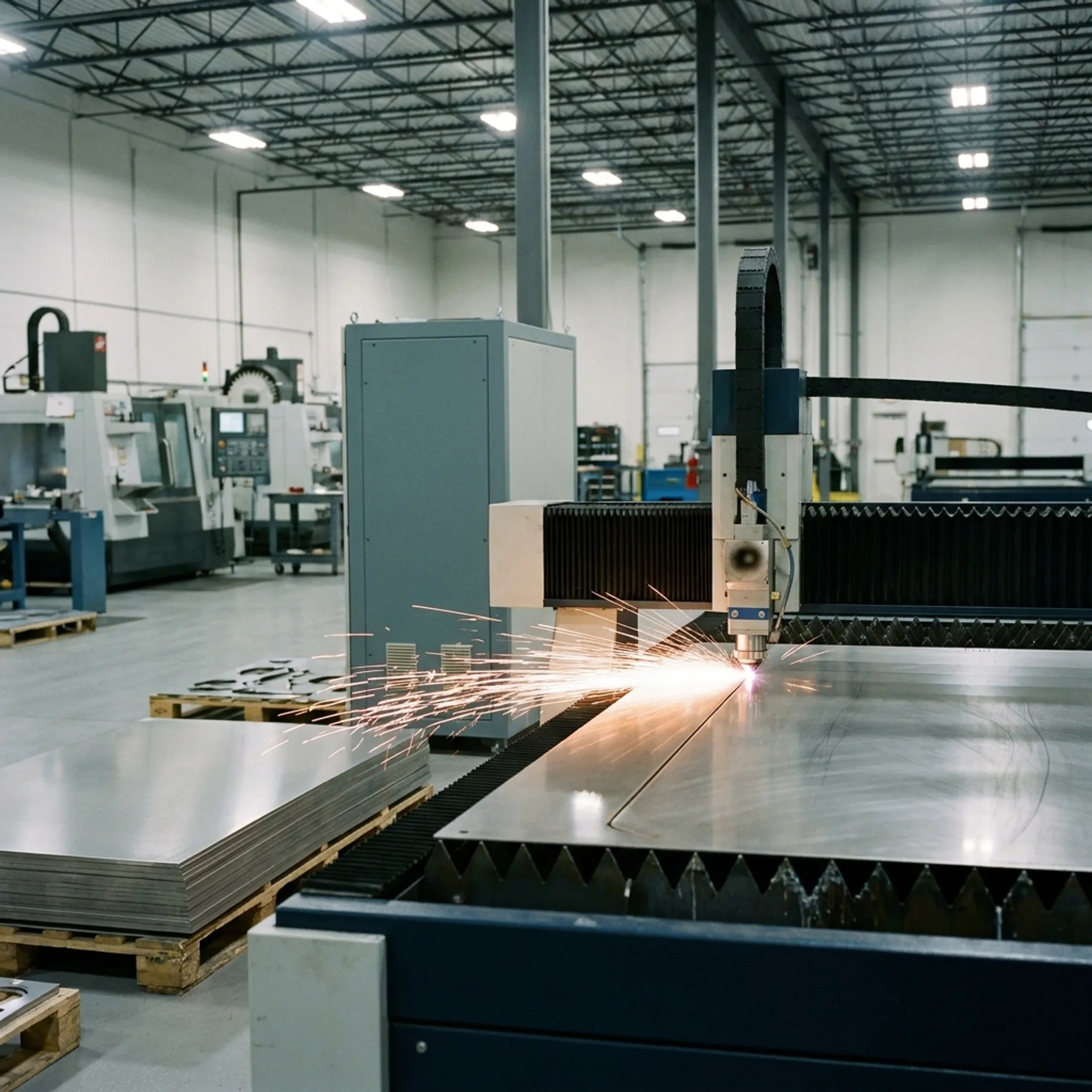 High precision industrial fiber laser cutting sheet metal in manufacturing facility