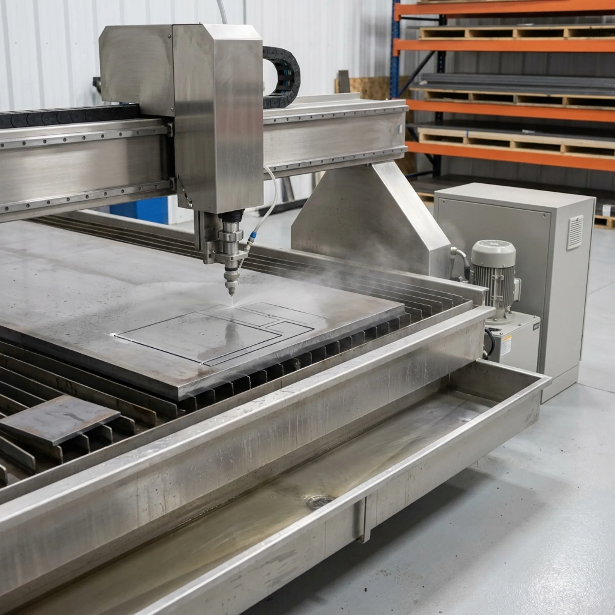 Industrial waterjet cutting table operating inside a precision manufacturing plant