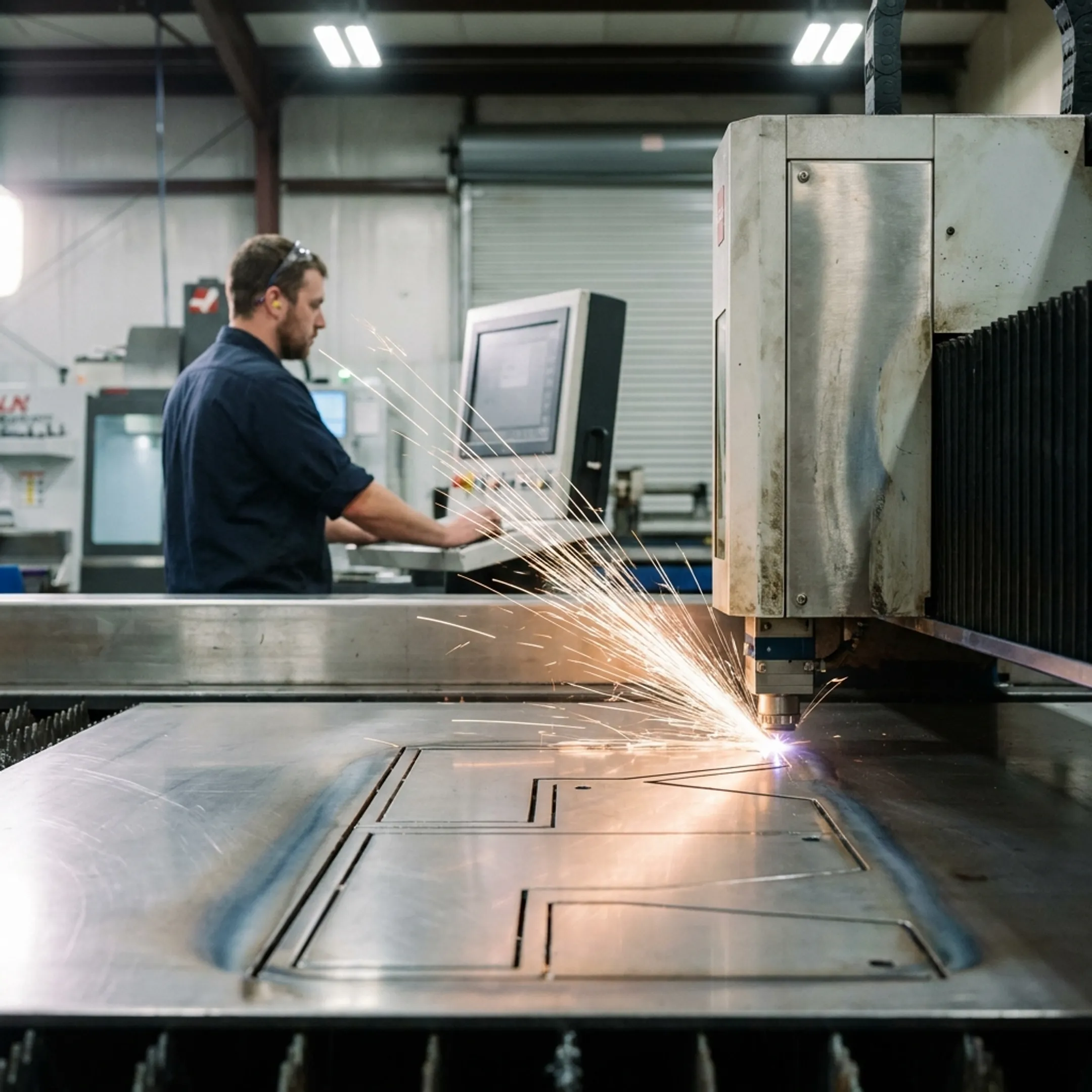 Industrial fiber laser cutting machine processing sheet metal in a modern fabrication facility