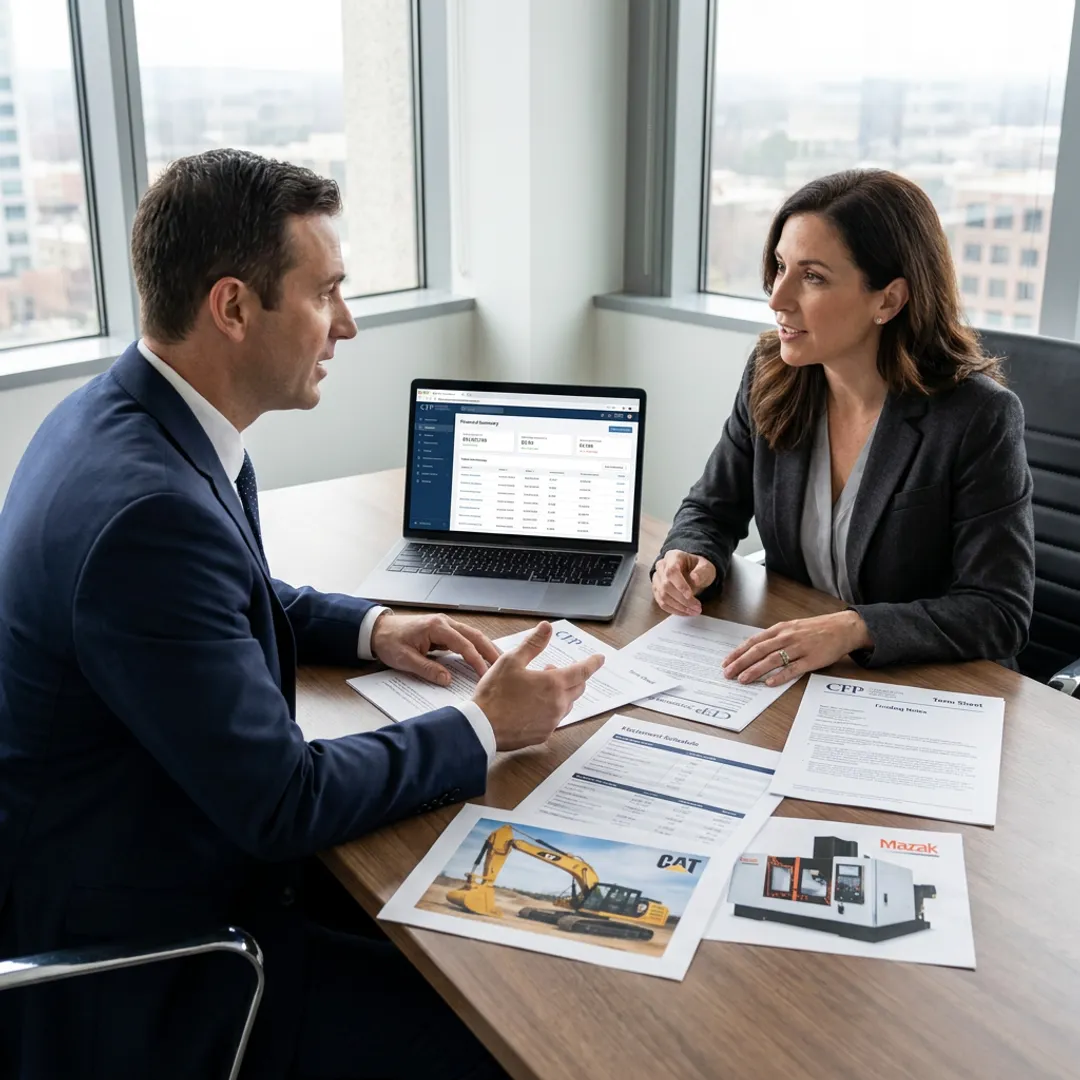 Finance advisor reviewing equipment sale-leaseback documents