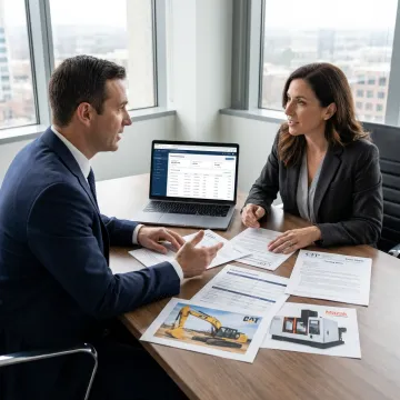 Finance advisor reviewing equipment sale-leaseback documents