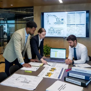 Finance team reviewing construction equipment funding documents