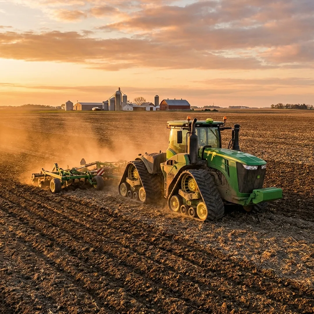 Modern tractor working in a farm field