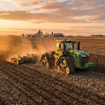 Modern tractor working in a farm field