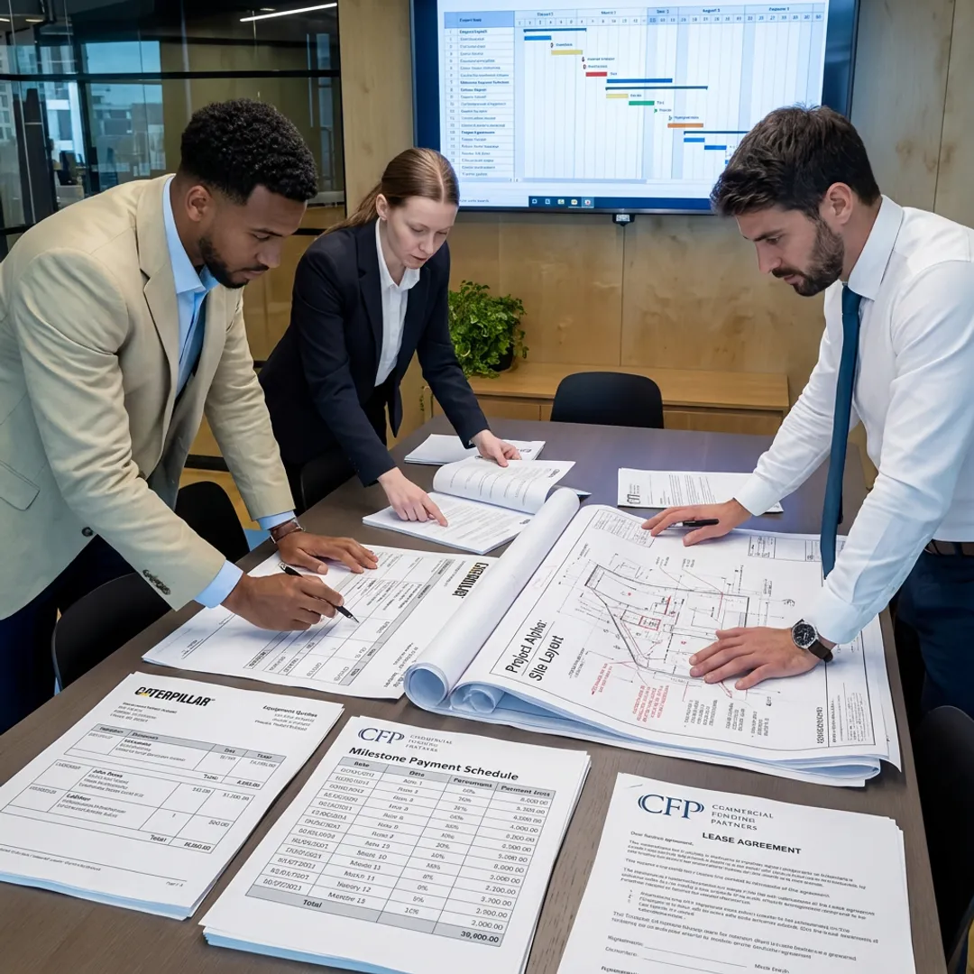 Team reviewing construction project financing documents