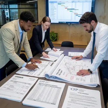 Team reviewing construction project financing documents
