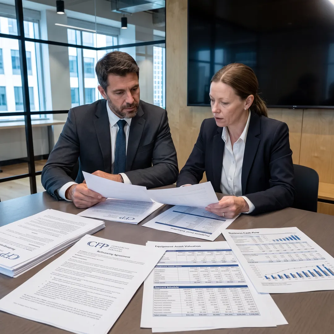 Business leaders reviewing equipment refinancing documents