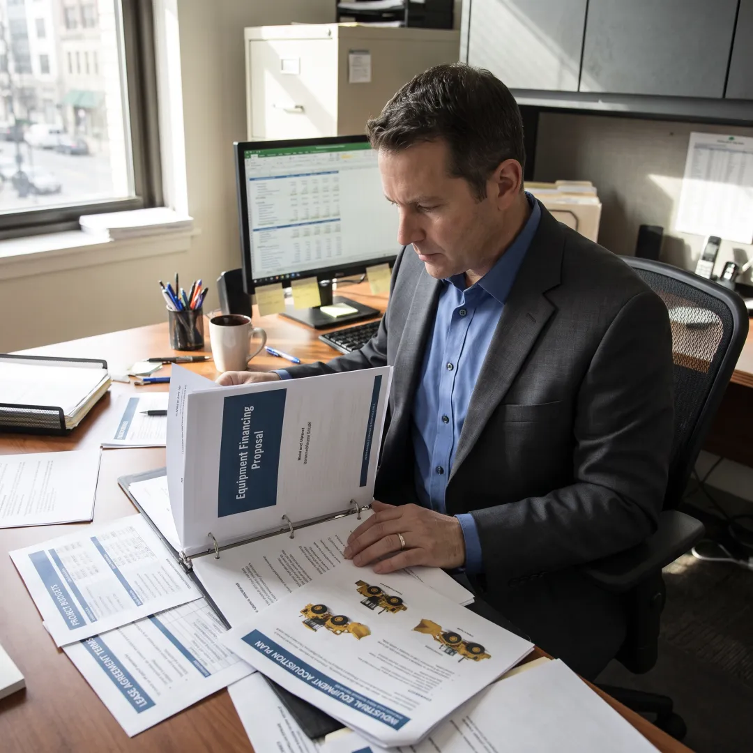 Executive reviewing a customized equipment financing proposal