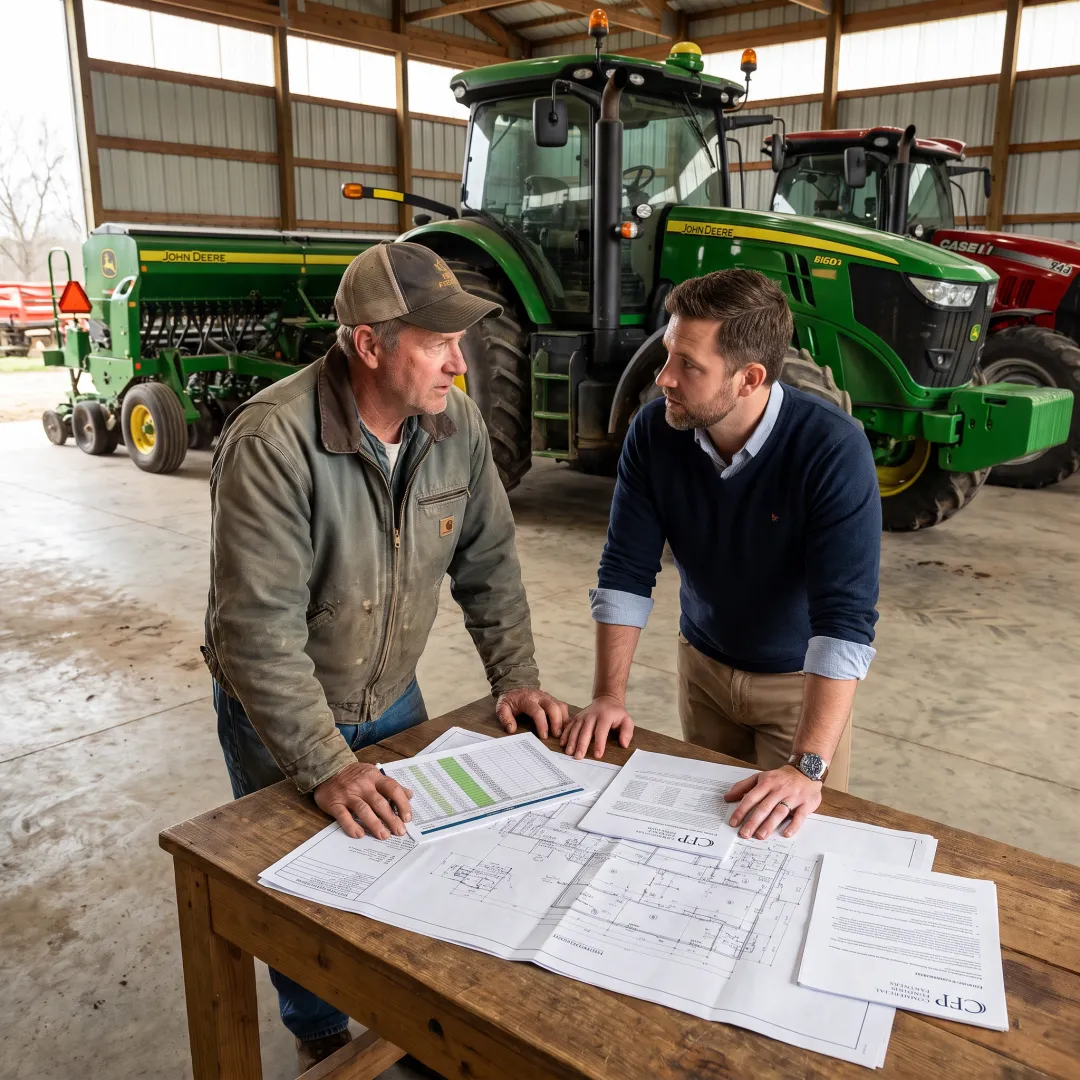 Farm manager reviewing equipment financing plans
