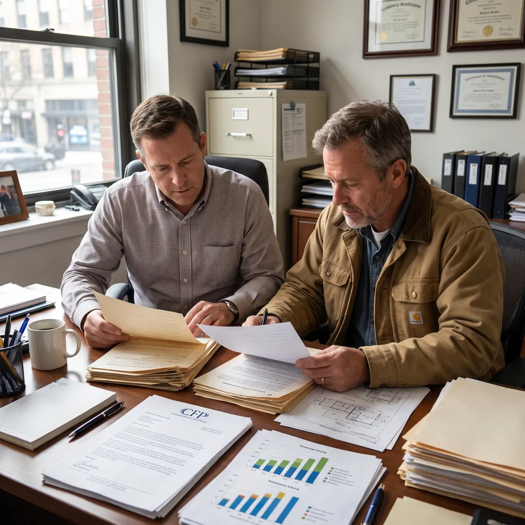 Finance professional reviewing excavator purchase documents