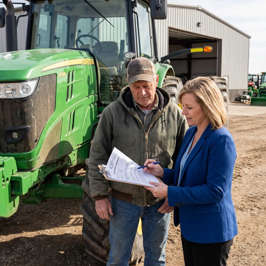 Farm owner reviewing equipment financing plans