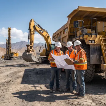 Mining equipment project team reviewing plans