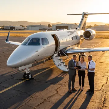 Business aircraft parked on an airport ramp