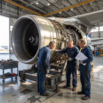 Aircraft engine being inspected in a maintenance hangar