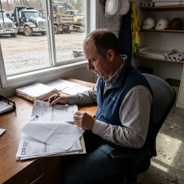 Construction manager reviewing fleet financing documents