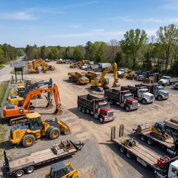 Construction fleet with excavators and heavy trucks