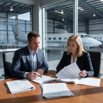 Professionals reviewing aircraft leasing documents