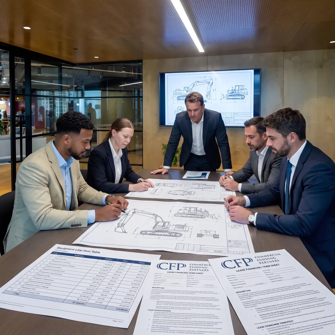 Business team reviewing heavy equipment lease plans