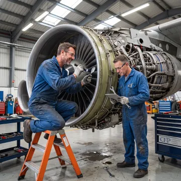 Commercial aircraft engine undergoing maintenance in an aviation hangar