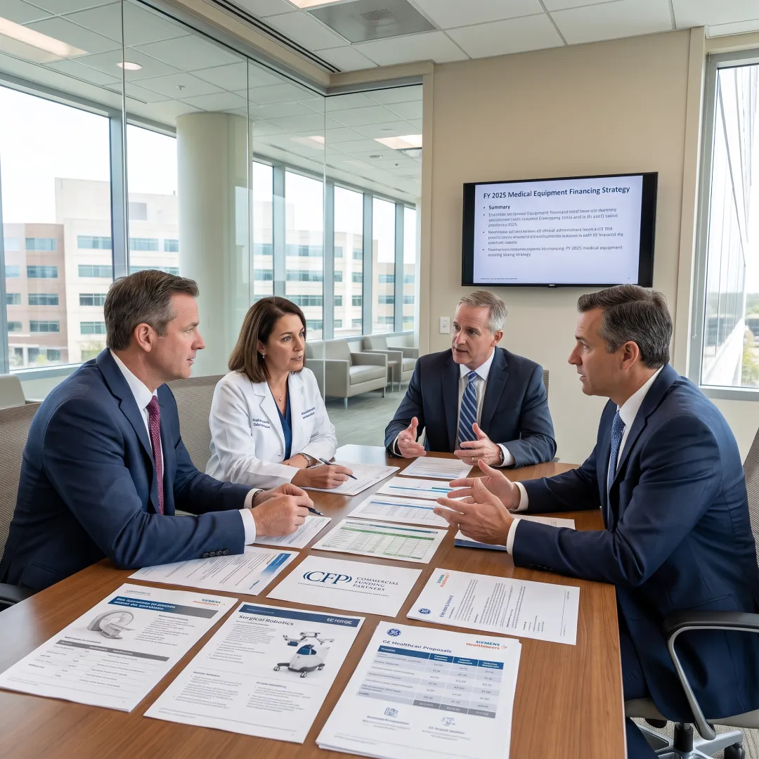 Medical team reviewing equipment financing plans
