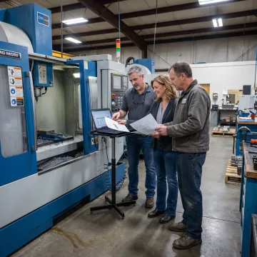 Manufacturing team reviewing machine tool financing plans