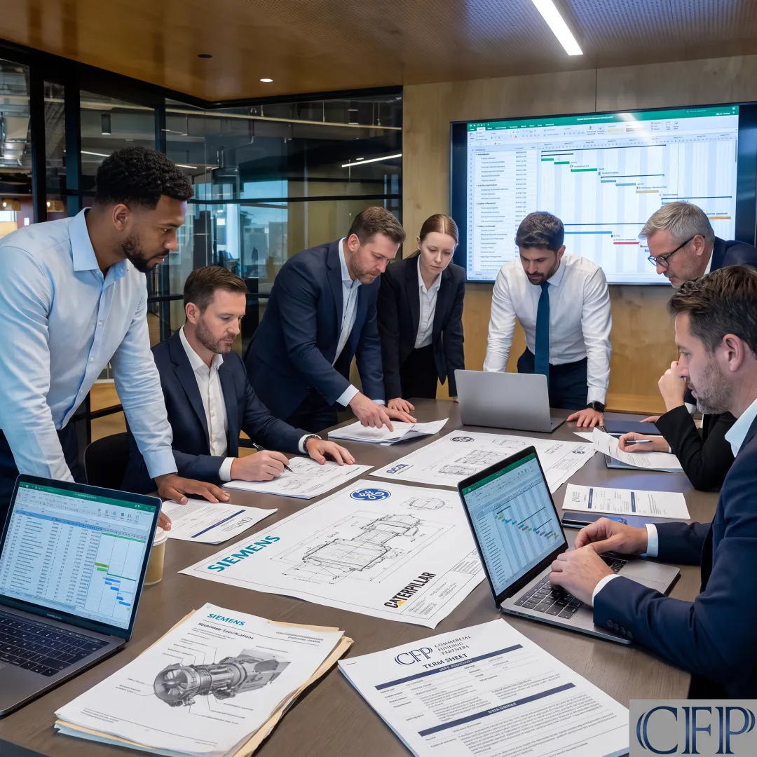 Executives reviewing machinery financing plans